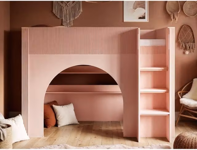 Flair Kaska Mid Sleeper Bed with Ribbed Panel and Stairs in Pink – 1