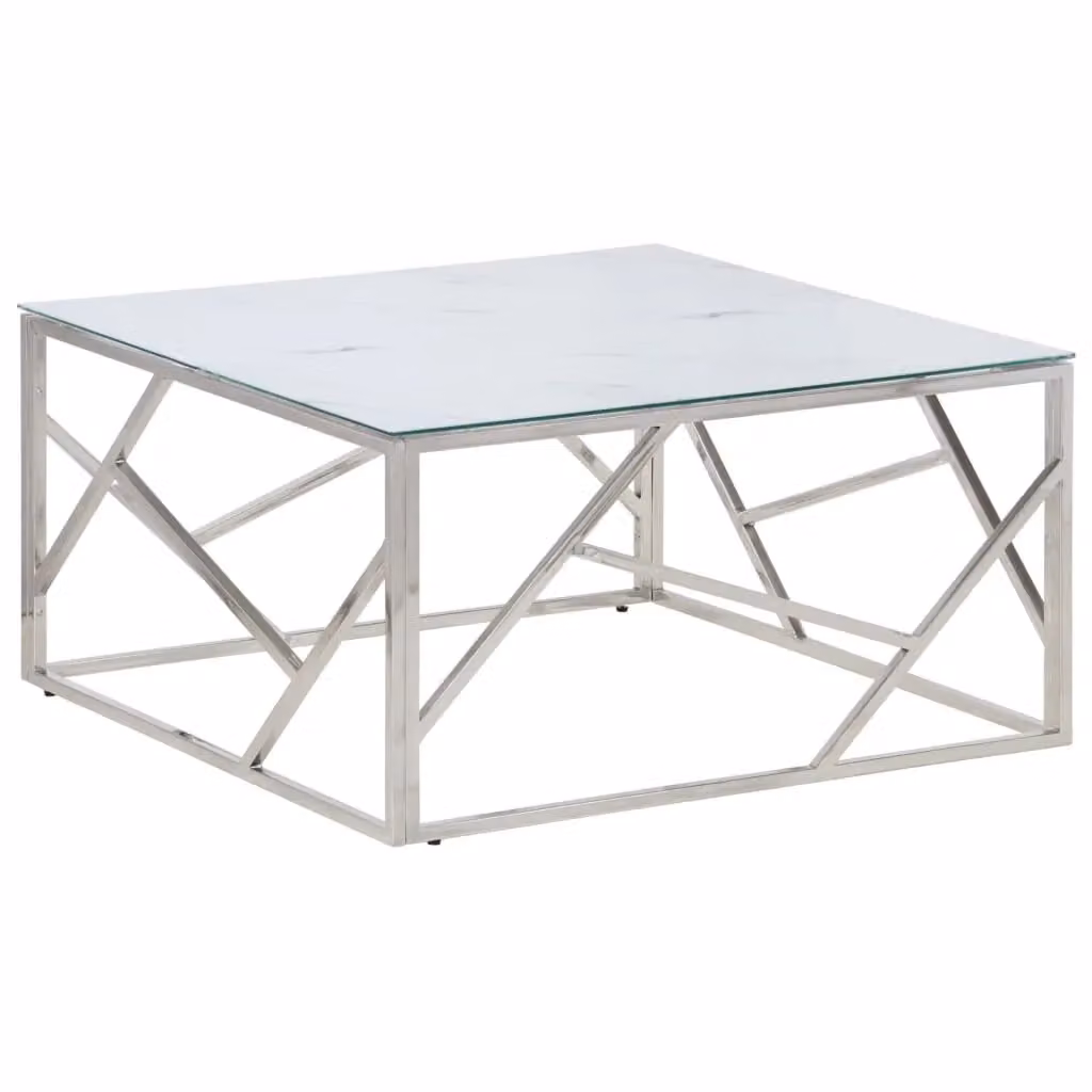 Berkfield Home Modern Square Coffee Table in Silver Stainless Steel and White Tempered Glass – 2