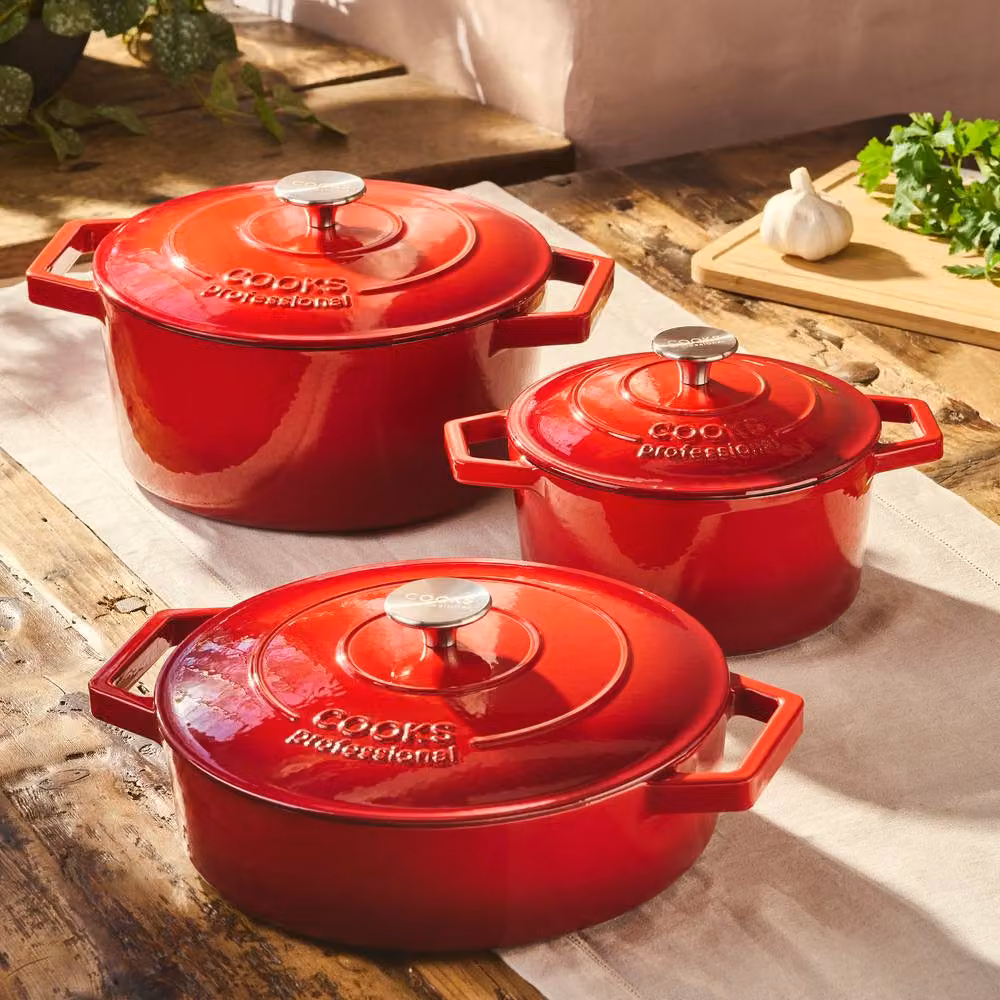 Cooks Professional 5 Piece Enamelled Cast Iron Casserole Dish, Frying Pan and Skillet Set in Red – 3