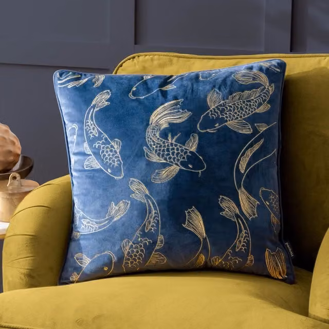 Paoletti Koi Pond Embroidered Velvet Cushion in Blue, W/D/H: 50 x 50 x 50 cm – 4