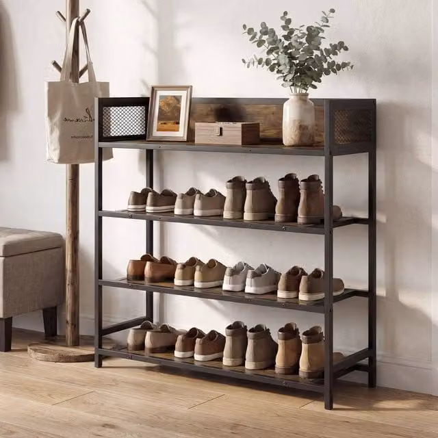 Kelvenix 4-Tier Industrial Metal Shoe Rack in Black and Brown – 1