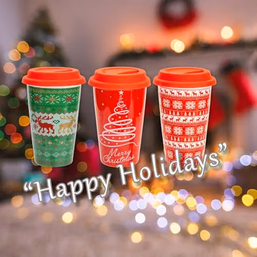 VFM e-Store Christmas Travel Mug in Multicolour Assorted Designs, H 15.7 x W 9.5 x D 9.5 cm – 5