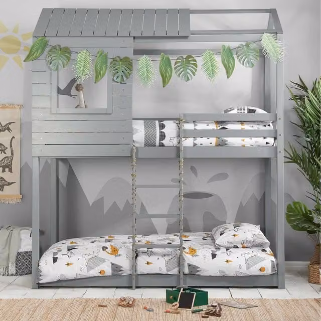 Birlea Adventure Solid Pine Bunk Bed House Frame in Grey and White, W/D/H: 228 x 90 x 197 cm