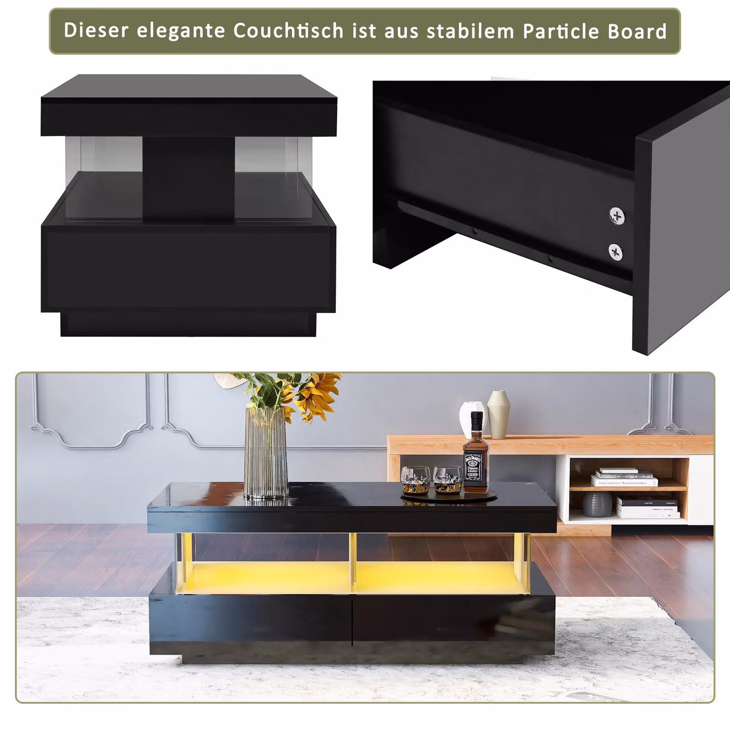 Aosom UK Modern Black Coffee Table with 2 Drawers, Open Storage and LED Lights, W: 100 cm, D: 60 cm, H: 49.5 cm – 4