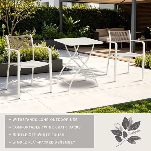 Core Products 3-Piece Bistro Garden Set with Two Rope-Back Armchairs and Metal Folding Table in White and Green – 2