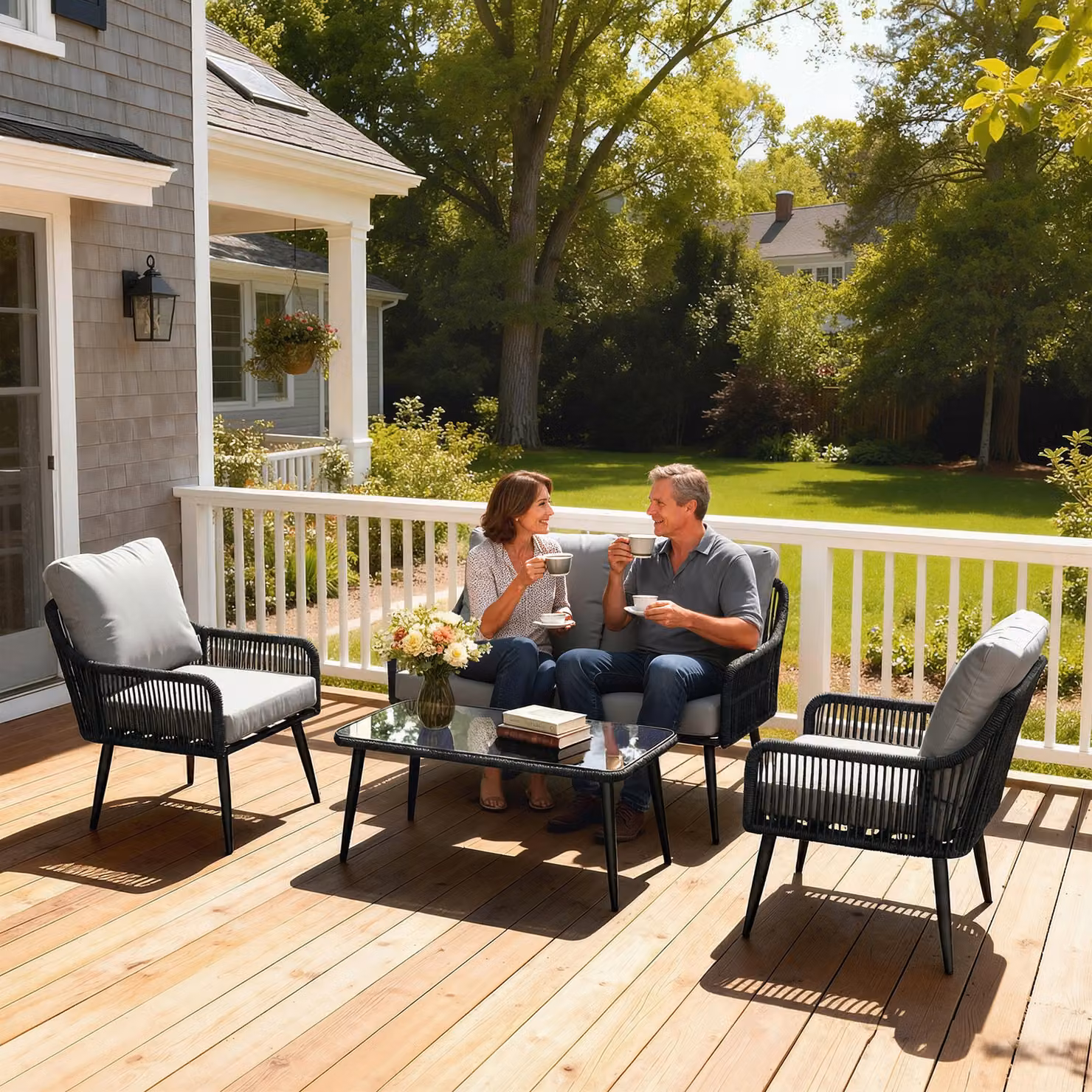 Outsunny 4 Piece Grey Rattan Garden Furniture Set with Tempered Glass Table and Powder Coated Steel Frame – 3