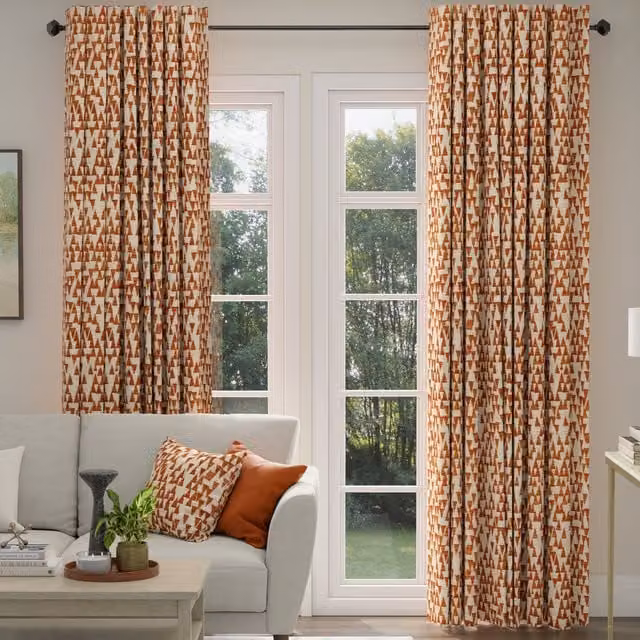 ANTE DECOR Hermes Made To Measure Blackout Chenille Fabric Panel Curtains in Cream and Orange Graphic Design
