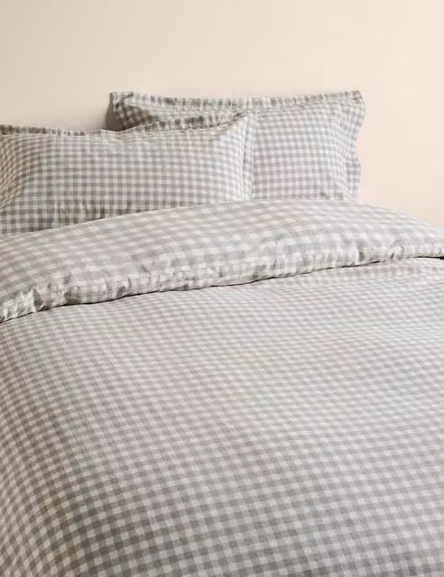 M&S Pure Cotton Reversible Checked Bedding Set, Grey, W: 140 cm, L: 200 cm