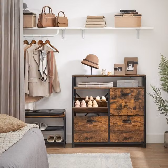 VASAGLE Rustic Brown and Black Shoe Cabinet with Tilting Compartments and Open Shelf