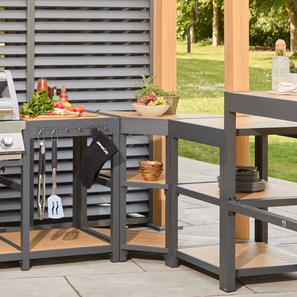 Leisure Grow Savannah Oak Outdoor Kitchen Angled Corner Storage Unit in Brown and Anthracite