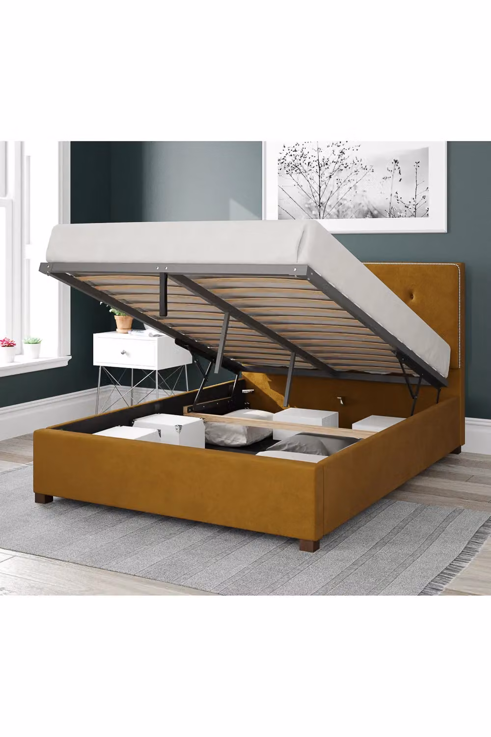 Aspire Presley Upholstered Ottoman Storage Bed in Yellow Plush Velvet, W/D/H: 180 x 200 cm – 2