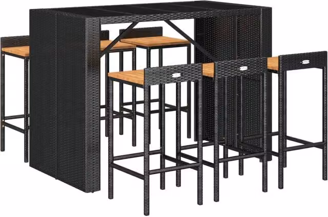 Berkfield Home Beautiful 7 Piece Black Poly Rattan and Solid Acacia Wood Garden Bar Set – 1