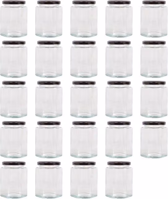 Argon Tableware Hexagonal Glass Jam Jars with Leakproof Screw-Top Metal Lids, 250ml, Black, Pack of 24