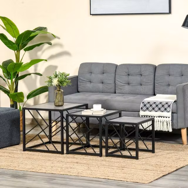 HOMCOM Set of 3 Modern Square Nesting Coffee Tables with Metal X-Frame in Grey and Black
