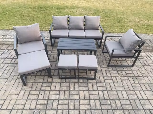 Fimous 7 Piece Aluminium Garden Furniture Set with Cushions, 8 Seater Outdoor Patio Set in Dark Grey
