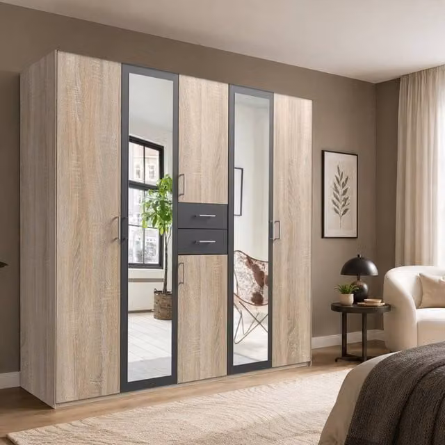 KDMD Greenwich Graphite 5 Door Mirrored Wardrobe in Brown and Grey, H 225 cm x W 225 cm x D 58 cm – 1