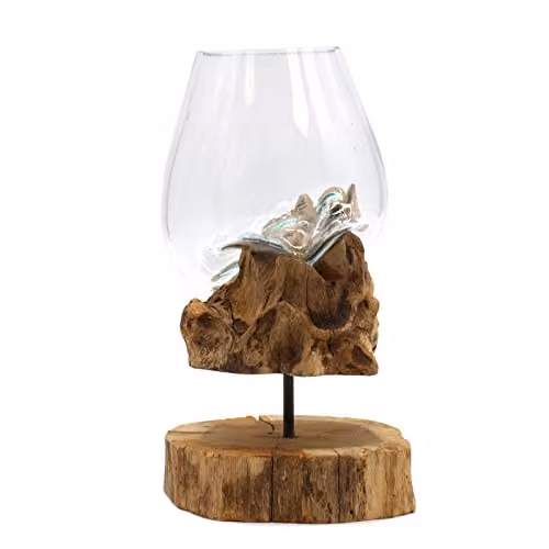 Ancient Wisdom Serenityy Large Decorative Molten Glass on Wood Bowl with Stand in Brown and Transparent – 1