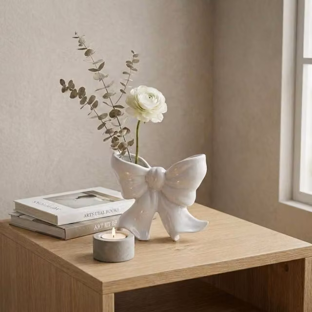 Garden Greatness Maison Blanc Bow Stem Ceramic Vase in White H 19.0 cm x W 18.5 cm x D 19.0 cm