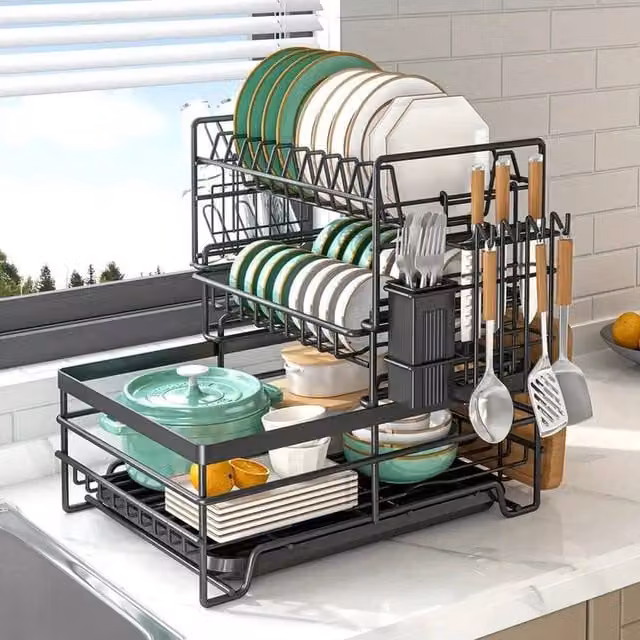 EONLION 3 Tier Kitchen Sink Dish Drainer Rack with Cutlery Holder and Drip Tray, Black