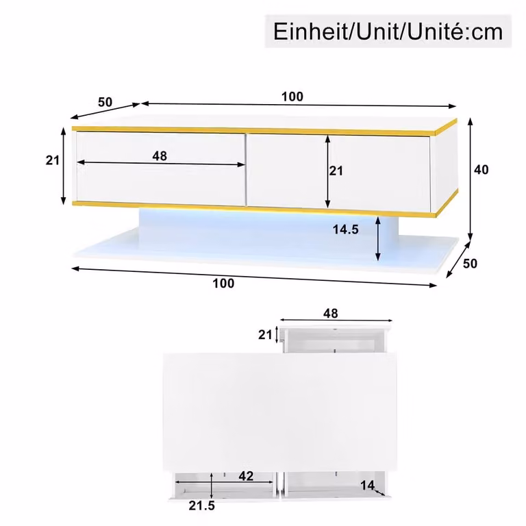 BTM High Gloss LED Coffee Table with 3 Drawers, Black, W: 100 cm, D: 50 cm, H: 40 cm