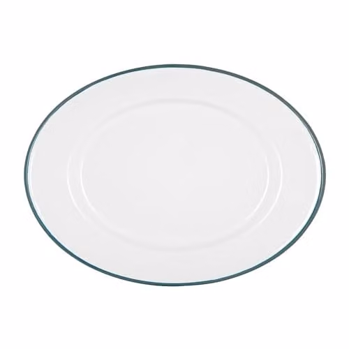 Argon Tableware White Enamel Rectangular Serving Platter with Green Rim, W: 30.5 cm, D: 22.5 cm – 1