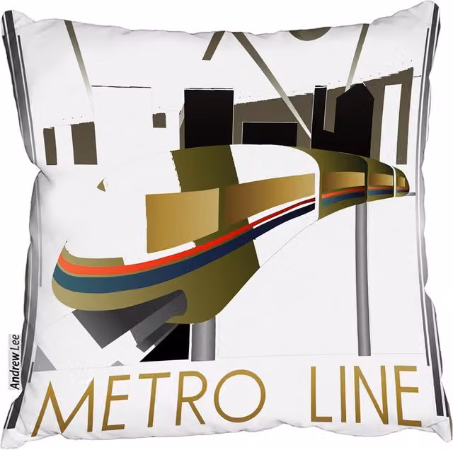 Andrew Lee Art Deco Metro Line Square Cushion in Yellow and White, W/D/H: 60 x 60 x 1 cm