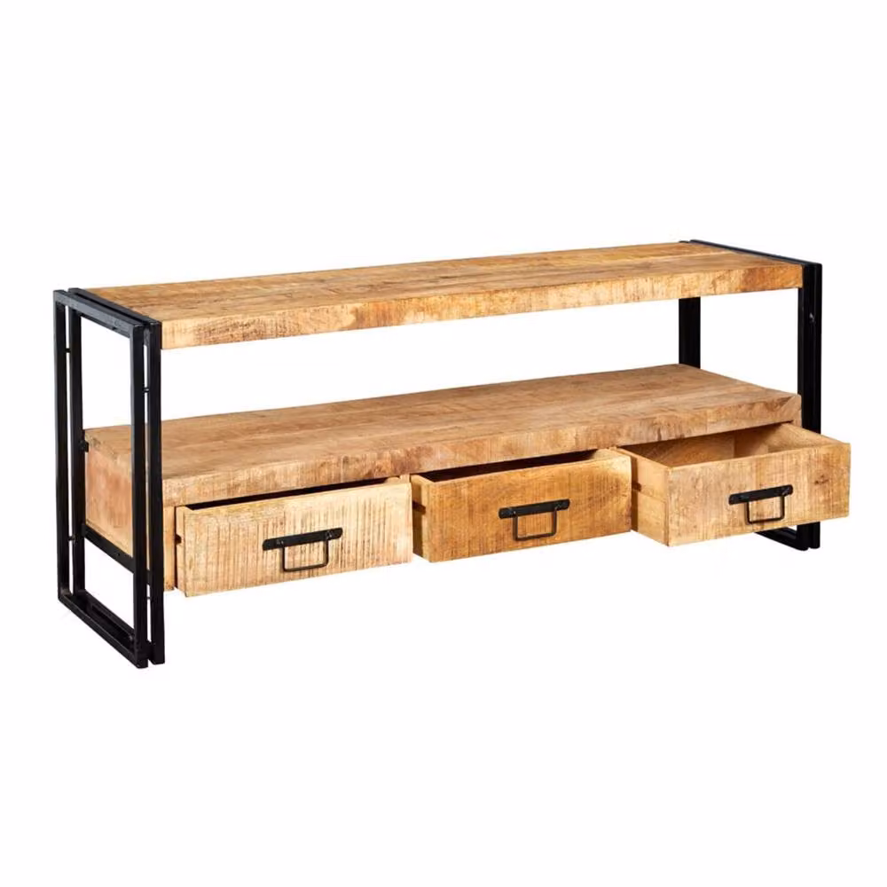 Wyld Haus Toivakka Industrial Reclaimed Wood and Metal TV Unit with 3 Drawers, Brown – 2