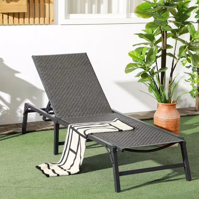 Outsunny Foldable PE Rattan Sun Lounger with 5-Level Adjustable Backrest in Grey