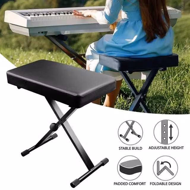 VOGREX Foldable X-Style Height Adjustable Piano Dressing Stool in Black with Synthetic Leather Seat