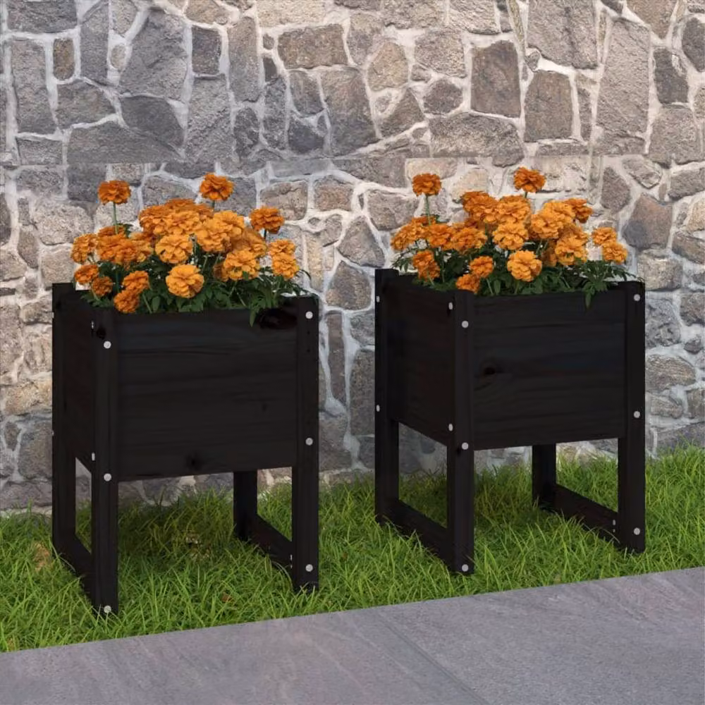 Berkfield Home Set of 2 Black Solid Wood Pine Planter Tubs, W: 40 cm, D: 40 cm, H: 52.5 cm – 2