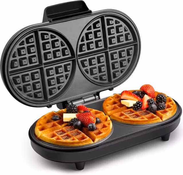 VonShef Round Waffle Maker with Large Non-Stick Metal Plates, Black