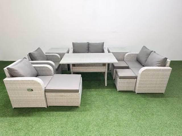 Fimous 9 Seater Rattan Garden Furniture Set with Reclining Sofa, Rectangular Dining Table, 3 Stools and 2 Side Tables in Light Grey