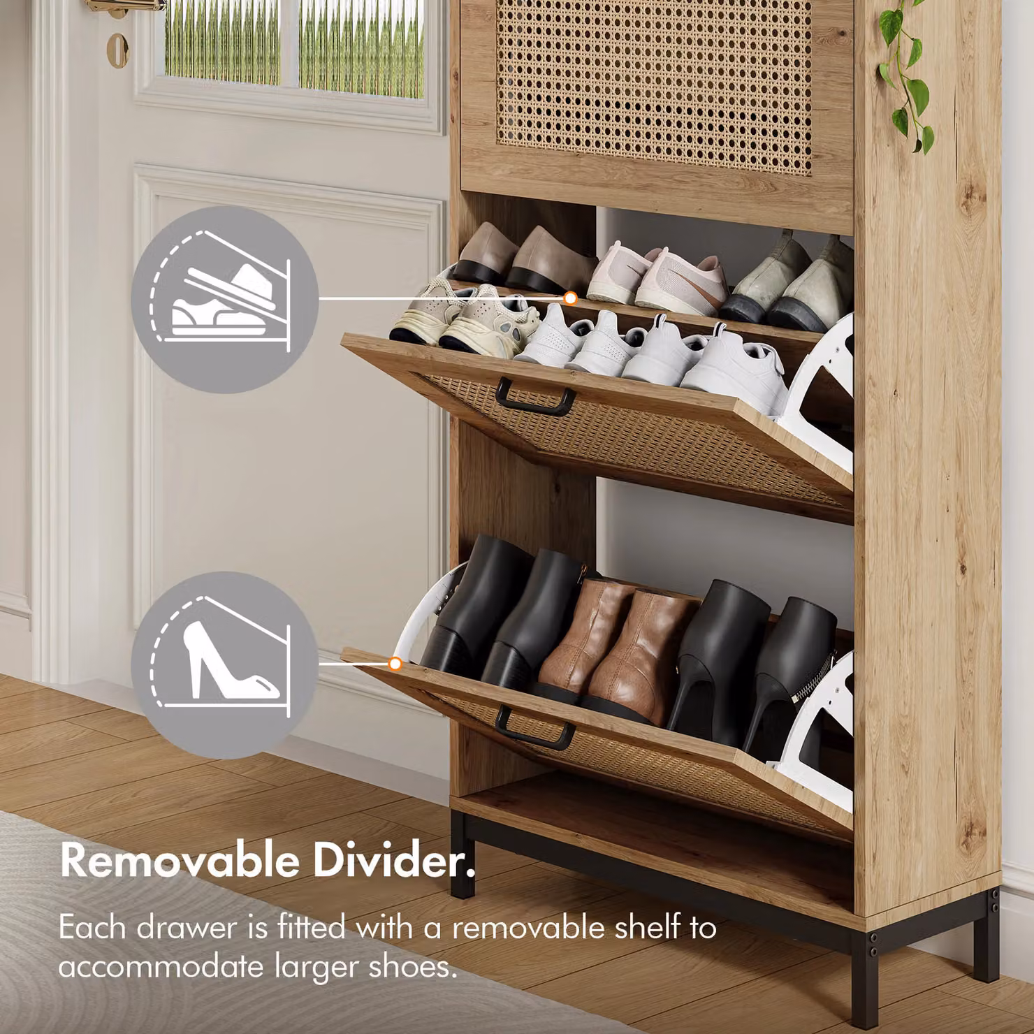 VonHaus Boho Rattan Hallway Shoe Storage Cabinet with Tilting Compartments in Sand – 3