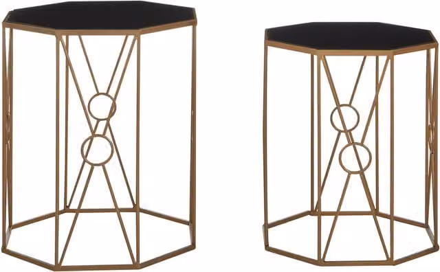 Orsina Trento Set of 2 Black Glass End Tables with Gold Metal Frame
