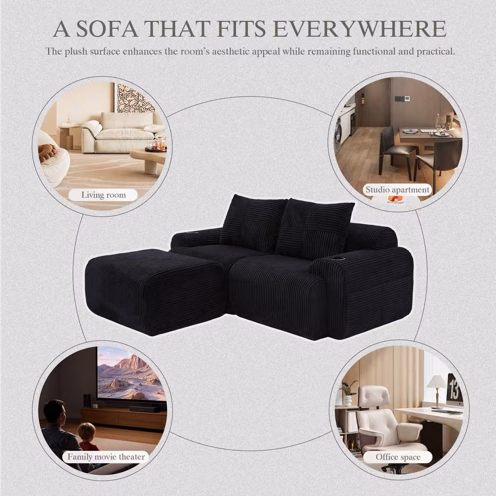 Matteo Modular 2-Seater Corduroy Sofa Set in Black with Matching Ottoman and Cup Holders – 6