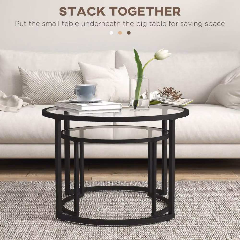 Wyld Haus Nase Set of 2 Round Nesting Coffee Tables in Black Metal and Clear Glass – 3