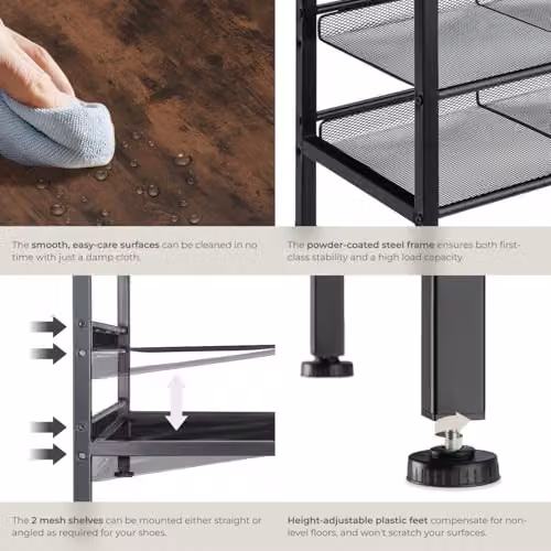 tectake 3-Tier Industrial Shoe Rack with Adjustable Shelves in Black and Brown, W/D/H: 75.5 x 30.5 x 45.5 cm – 4