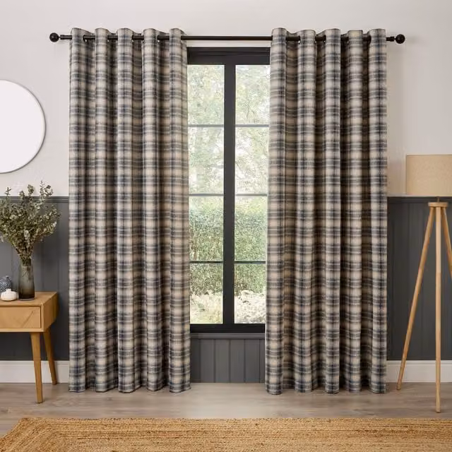 Curtina Everett Grey Jacquard Woven Check Eyelet Curtains, W: 168 cm, H: 229 cm – 1