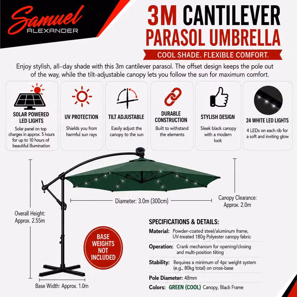 Samuel Alexander 3m Solar Powered Cantilever Banana Garden Parasol with White LED Lights in Green – 5