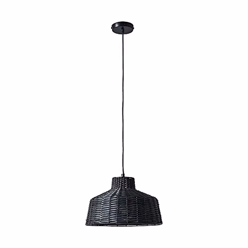 MiniSun Boho Style Black Woven Rattan Cone Pendant Light with Warm White LED Bulb – 1