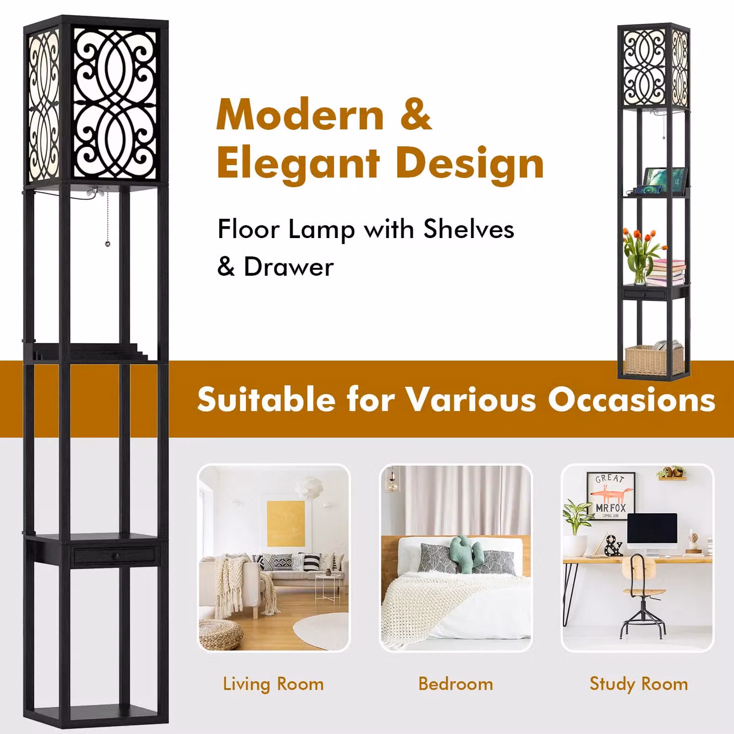 Gymax Modern Black Metal Floor Lamp with Shelving, Drawers and 2 USB Ports – 4