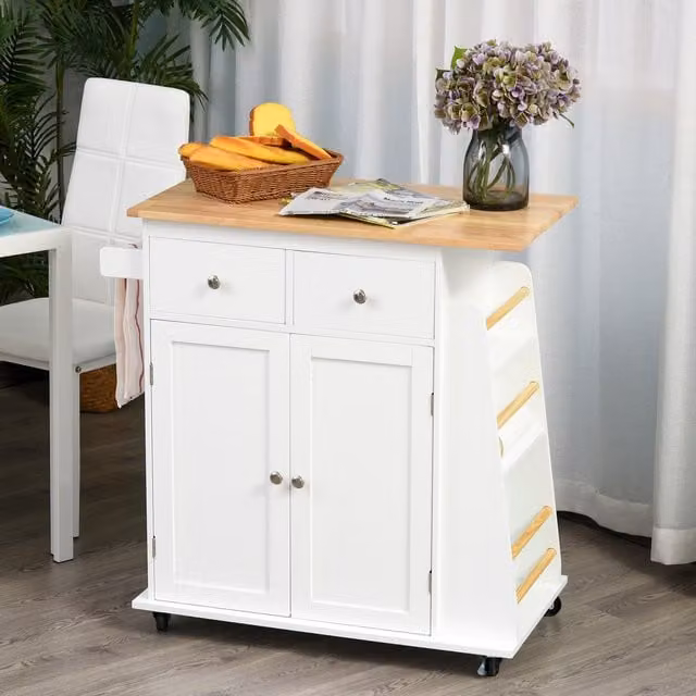 HOMCOM Rolling Kitchen Island Storage Cabinet with Rubberwood Top and Hinged Doors in White – 1