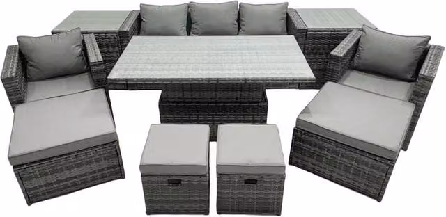Fimous Rattan Lounge Sofa, Rising Dining Table Set, 2 Side Tables and 4 Footstools in Dark Grey