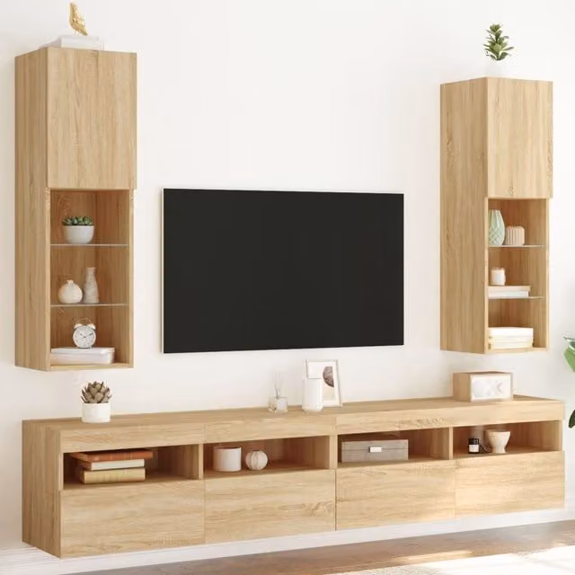Berkfield Home Set of 2 Modern TV Cabinets with LED Lights in Sonoma Oak Brown, W/D/H: 30.5 x 30 x 102 cm – 1