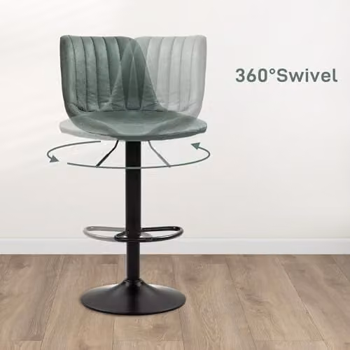 HOMCOM Set of 2 Adjustable Swivel Bar Stools in Green with Synthetic Leather and Metal Frame – 3