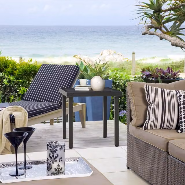 Outsunny Modern Metal Garden Side Table with Umbrella Hole in Matt Black