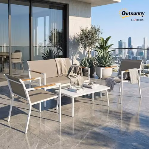 Outsunny 4 Seater Modern Garden Furniture Set with Metal Frame, 2 Seater Sofa, Armchairs and Coffee Table in Beige – 2