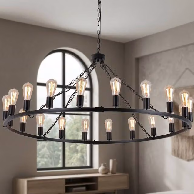 NIVOR 20-Light Waggon Wheel Kitchen Chandelier in Black and Bronze, Adjustable Retro Metal Pendant Light with E27 Base – 1
