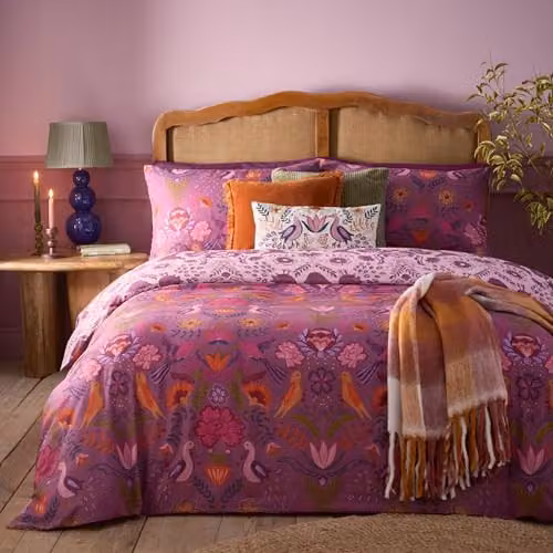 Terrys Broderie Floral Reversible Cotton Duvet Cover Set in Purple, W/D/H: 180 x 200 cm