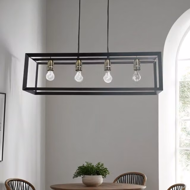 Pagazzi Lighting Sully 4 Light Industrial Bar Ceiling Pendant in Matte Black, W: 120 cm, D: 40 cm